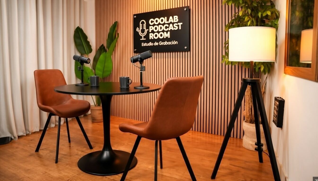 Estudio de podcast Coolab con micrófonos, mesa redonda y decoración moderna con plantas