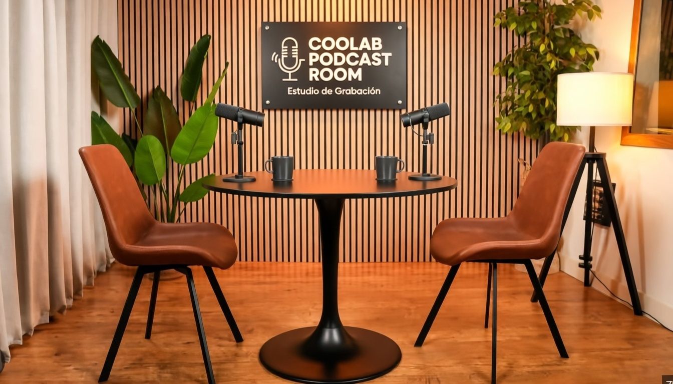 Set de podcast con dos sillas, mesa y micrófonos junto a lámpara y plantas decorativas